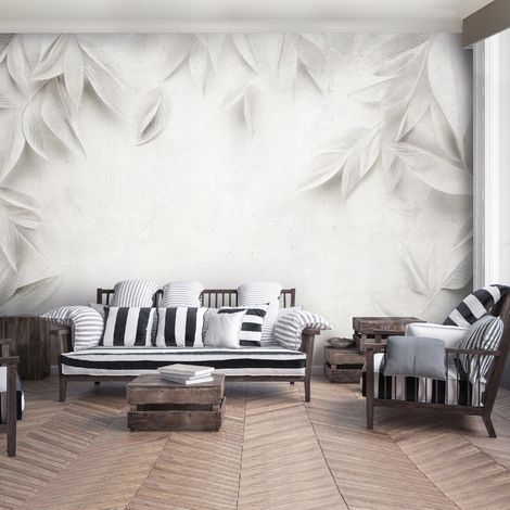 Vlies Fototapete Blätter 150x105 cm, Tapeten, für Wohn und Schlafzimmer, Vliestapete Wandtapete Tapete 3D Effekt- inkl. Kleister - Natur botanisch grau weiß, WallArena (1/4)