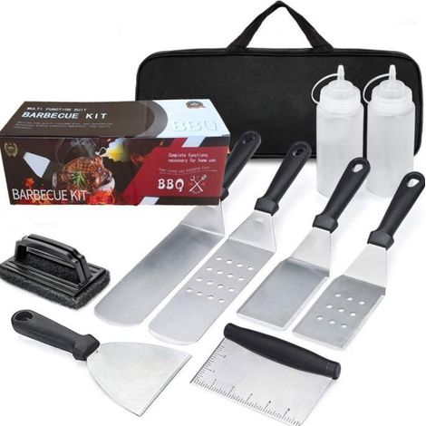 Ustensiles pour Plancha 10 Pièces Spatule pour Barbecue Acier Inoxydable Accessoire Plancha Kit Plancha pour Teppanyaki (1/5)