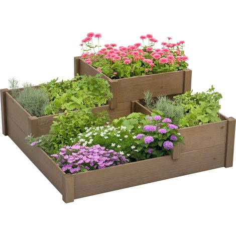 Outsunny Hochbeet Gemüsebeet Blumenkasten mit 3 Stufen, Pflanzkasten für Kräuter im Terrasse und Balkon, Tannenholz, Braun, 122 x 122 x 51 cm