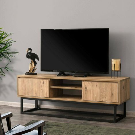 Dmora - Mueble de televisión Dpirol, Aparador de salón, Mueble bajo para TV, Base de pared equipada, 140x40h50 cm, Negro y Roble (1/5)
