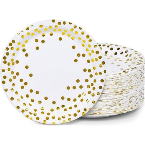 Assiettes en carton pour fêtes, paquet de 100, blanches et dorées, à pois métallisés, 23 cm (1/5)