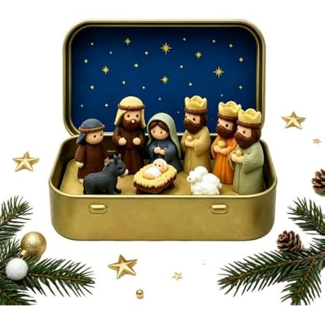 Mini crèche de Noël dans une boîte en étain Mini figurines Décoration de (1/5)