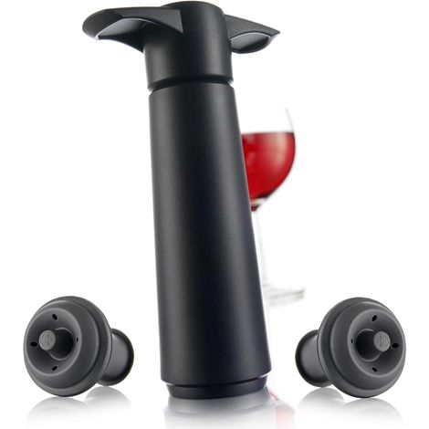 Das Geschenkset enthält 1 Vakuumpumpe und 2 schwarze Weinstopper.