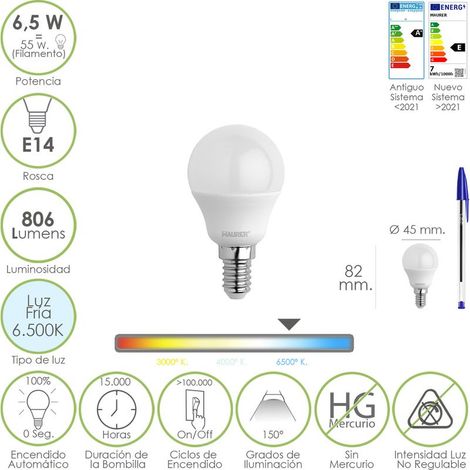 Bombilla Led Esfera Rosca E14. 6.5 Watt. Equivale A 55 Watt. 806 Lumenes. Luz Fría 6500º K.)