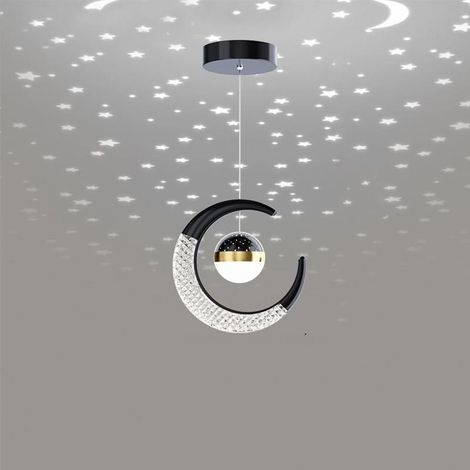 LED moon and star projection pendant light for children, black and cool white, children's bedroom chandelier (1/3)