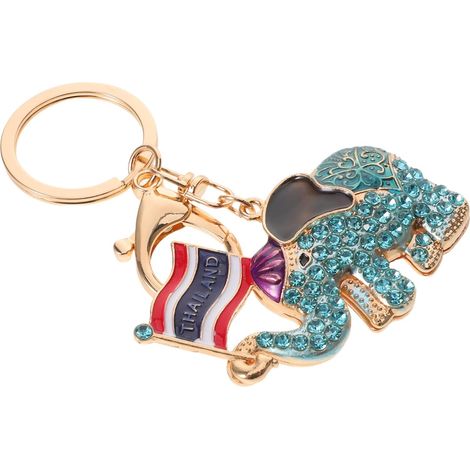 Portachiavi amuleto decorativo souvenir di viaggio in Thailandia in lega, a forma di elefante con strass e bandiera thailandese, ideale per chiavi e zaino. (1/5)
