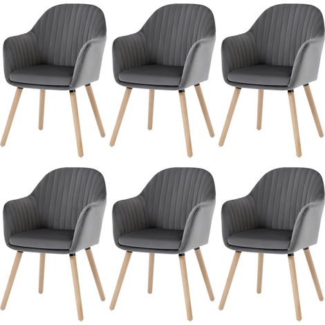 Woltu – Lot de 6 chaises de salle à manger en velours – Dossier ergonomique – Pieds en bois massif – Patins antidérapants – Gris foncé