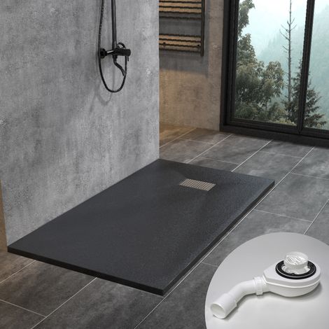 Moderne Duschwanne Duschtasse Anti-Rutsch Flach Schwarz 160x90 cm + Edelstahl Adeckung mit Ablaufgarnitur (1/5)