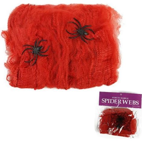Décoration en toile d'araignée d'Halloween - ANNEFLY 100g Toile d'araignée extensible -10 araignées en plastique-Rouge (1/3)