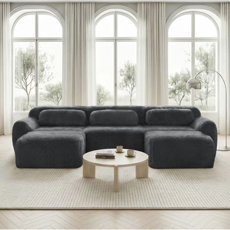 Canapé modulaire en U gris en peluche sans montage avec coussins (1/5)
