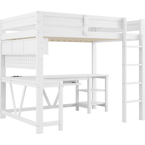 Lit mezzanine gaming en bois 90 x 200 cm avec bureau, compartiments de rangement, éclairage LED et station de charge, blanc (1/5)
