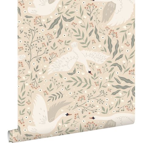 papier peint cygnes beige, blanc et vert grisé  - ESTAhome (1/5)