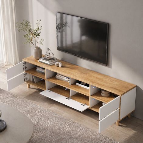 MEUBLIV Mobile TV 175 x 37 x 51 cm bianco e effetto legno – 4 ante, 2 vani (1/5)