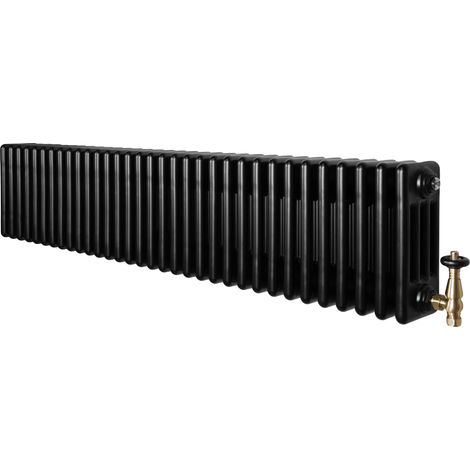 Radiador Horizontal 4 Columnas Negro 300x1505 mm con Válvulas Termostáticas – Radiador Tradicional de Acero, 1672W, Calefacción Eficiente Incluye Soportes, Kit y Cepillo – Garantía 15 Años