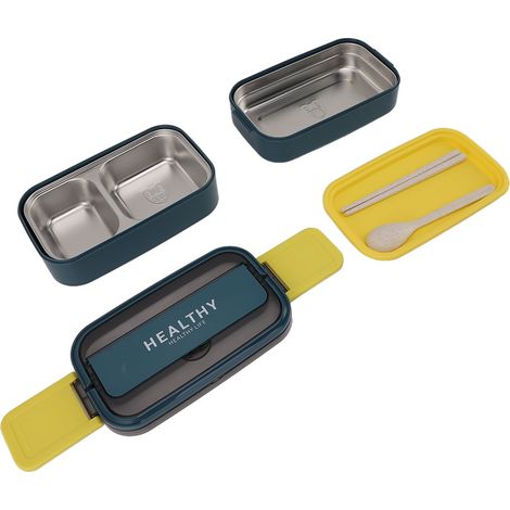 Boîte à bento double compartiment en acier inoxydable 316, boîte à lunch portable avec couverts, idéale pour le travail, l'école ou le bureau, 1400 ml, turquoise (1/5)