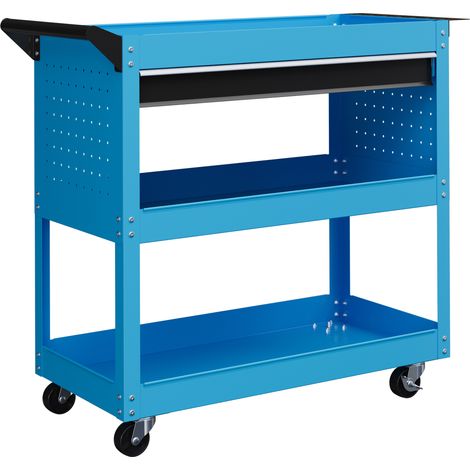 Chariot d'atelier servante 3 étagères avec tiroir, rangement latéral pour outils et poignée, 82x35x76 cm, bleu (1/5)