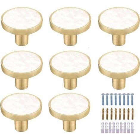 Lot de 8 boutons de placard ronds en laiton marbré blanc - Boutons de tiroir décoratifs blancs - Boutons de commode dorés pour meubles de cuisine, crochets à vêtements (1/4)