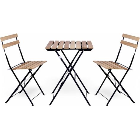 ORION91 Set 3 Piezas Balcón BALCONI Plegable 1 Mesa (72x55x55 cm) + 2 Sillas (82x44x39 cm) Estructura Acero Color Negro Acabado en Madera Jardín Exterior Interior - SpazioLuzio - Pack x1 (1/5)