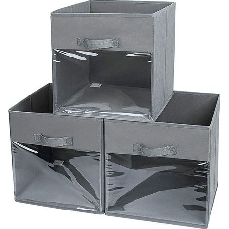 VURAHOME – Aufbewahrungsbox. Set mit 3 faltbaren Aufbewahrungsboxen aus Stoff und Karton mit Deckel. Faltbare Aufbewahrungswürfel mit Sichtfenster. Vliesstoff. (1/5)