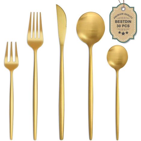Besteckset 30 Teile für 6 Personen, Edelstahl Gold Matt, Spülmaschinenfest (1/5)