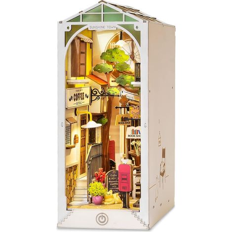 Ensemble coin lecture à monter soi-même, Sunshine Town, maison de poupée en bois, modèle de puzzle à construire avec éclairage LED et décoration d'étagère (1/4)