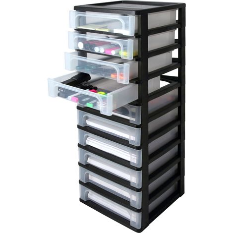 Iris Ohyama Cassettiera in Plastica, Portaoggetti, 10 Cassetti Medi, Nero, Apertura Facile, Formato A4, A5 e A6, Organizzatore, Per Ufficio, Scuola, Cartoleria, Senza BPA, Contenitore, OCH-2100