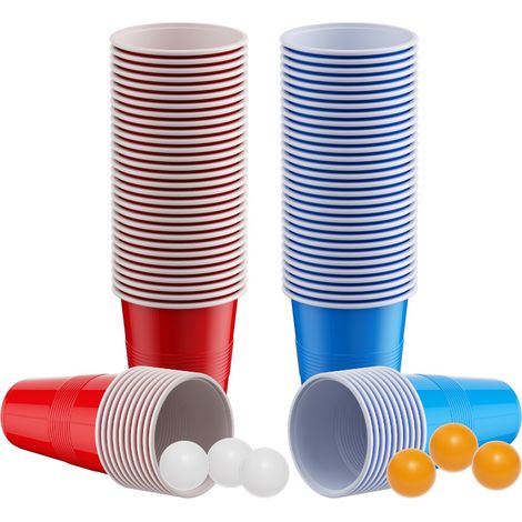 SWANEW Set da gioco di birra pong con 10 palline, 50 bicchieri di plastica blu e 50 rossi riutilizzabili per feste e matrimoni (1/5)