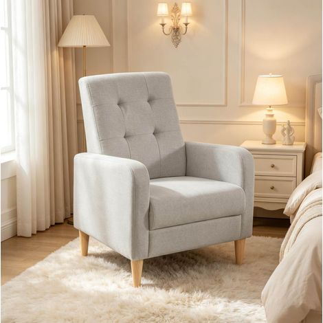 Sillón 1 plaza 51x48x90.5 cm gris claro en lino y madera con respaldo alto capitoné (1/5)