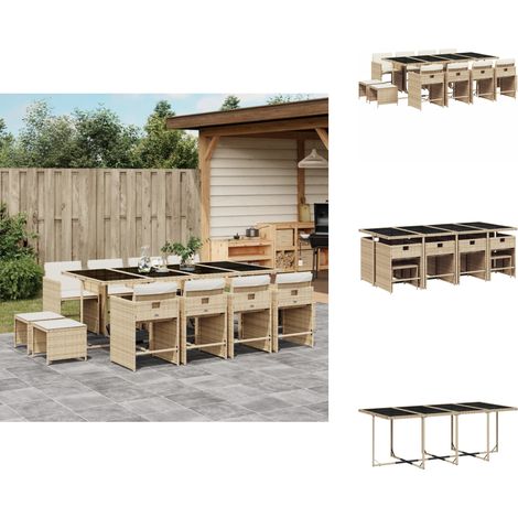 13-tlg. Garten-Essgruppe mit Kissen Beige Poly Rattan - Gartenmöbel Set - Gartentisch - Gartenstühle - Gartenhocker - Rattan Möbel (1/5)