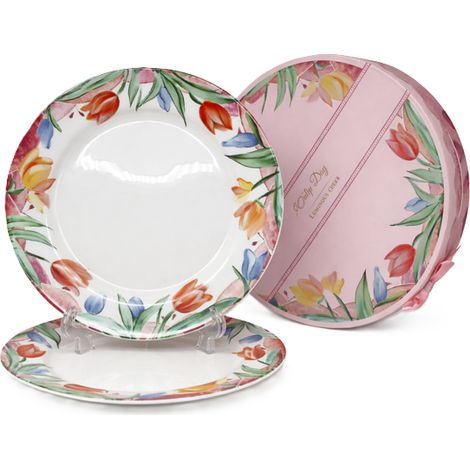 Juego de dos platos llanos de porcelana de 25,5 cm con forma de tulipanes, ideal para regalar. (1/5)