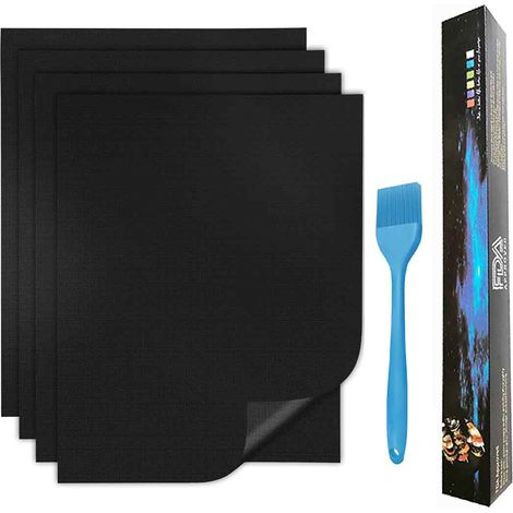 Tapis de cuisson pour barbecue extérieur, lot de 4, antiadhésifs, réutilisables et faciles à nettoyer, compatibles avec les barbecues à gaz, à charbon et électriques, 40 x 50 cm, avec brosse à barbecu (1/5)