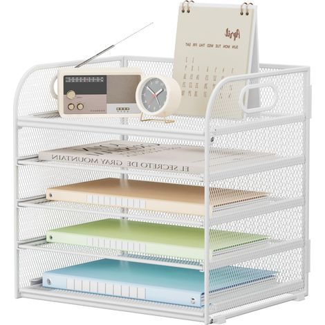 Organiseur de Bureau à 5 Niveaux - Porte-Documents empilable avec poignée - Fournitures de Bureau pour Documents A4, Papier, Livre, Magazine - Blanc (1/5)