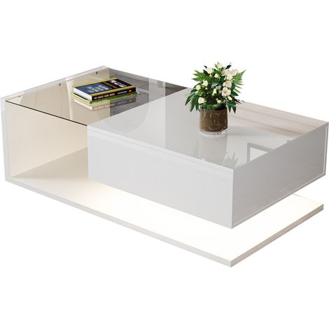 Mesa de centro blanca de alto brillo con vidrio templado, LED de 16 colores regulable y estante de almacenaje 105x55 cm, mesa auxiliar moderna para salón CHICFURN (1/5)