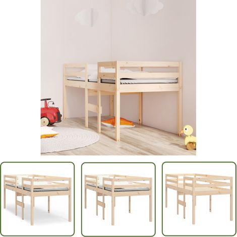 The Living Store Lit haut sans matelas 90x200 cm bois de pin massif - Lit Mezzanine - Lit Surélévé - Lit Enfant - Lit Double Hauteur - Lit Compact (1/5)