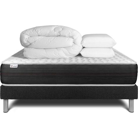 Komplettpaket Bett - Matratze 140x200 cm + Boxspringbett mit Lattenrost (im Set) + 2 Kopfkissen + Bettdecke - Vitalspring