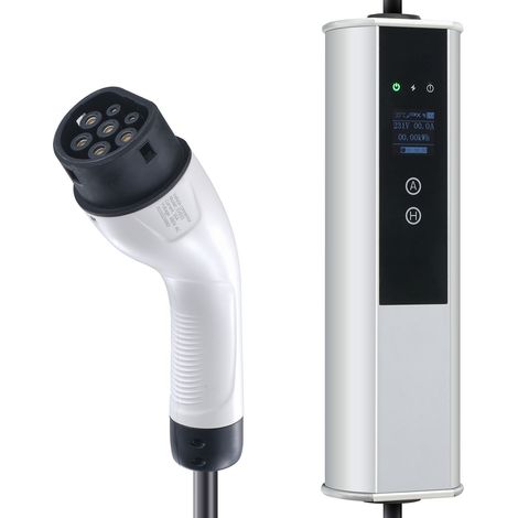 Chargeur Voiture Électrique Portable Type 2, 16A/32A 3.68/7.4 kW, Câble 7,5 m avec Prise CEE 16, Écran LCD, Norme IEC 62196, Station de Charge Domestique IP66 avec Sac et Crochet (1/5)