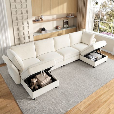 Canapé d'angle modulable en U/L avec tabouret de rangement,, canapé 6 places en chenille,adapté pour le salon,l'appartement et la chambre,beige (1/5)