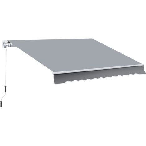 Tenda da sole, 3,95 × 2,45 metri, per ombreggiamento, estendibile, manuale (manovella), struttura metallica, tessuto di poliestere, colori grigio/bianco. Installazione sul sito.