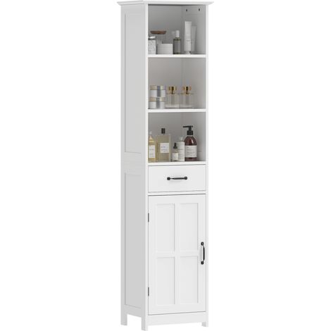 Badezimmerschrank mit drei offenen Fächern, Schublade und verstellbarem Einlegeboden, 40 x 30 x 164 cm, weiß (1/5)