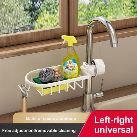 Support Pour Robinet - Porte-Éponge Réglable En Aluminium - Pour Évier Cuisine Salle De Bain - Diamètre Adaptatif 1 8 À 2 8 Cm - 1 Pièce (1/2)