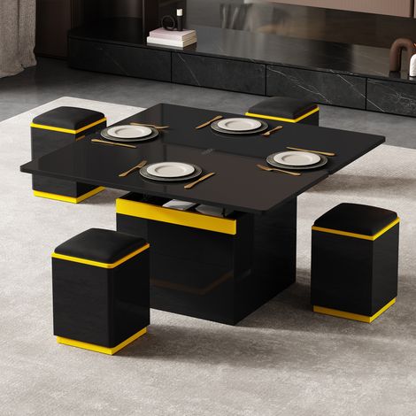 Tavolino da caffè sollevabile ed estensibile – 4 sgabelli con contenitore, tavolino laterale per divano, MDF, 100x50x43 cm, nero/giallo (1/5)
