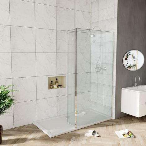 ELEGANT Walk in Shower Screen 6mm Tougheded Safety Wet Room with 300mm Flipper Panel 760mm