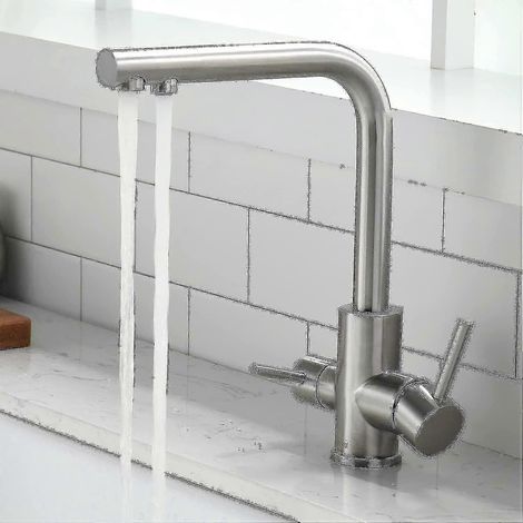 Robinet mitigeur de cuisine 3 voies - Rotatif à 360° - Robinet avec filtre à eau 3 en 1 - Robinet d'eau potable à 2 poignées