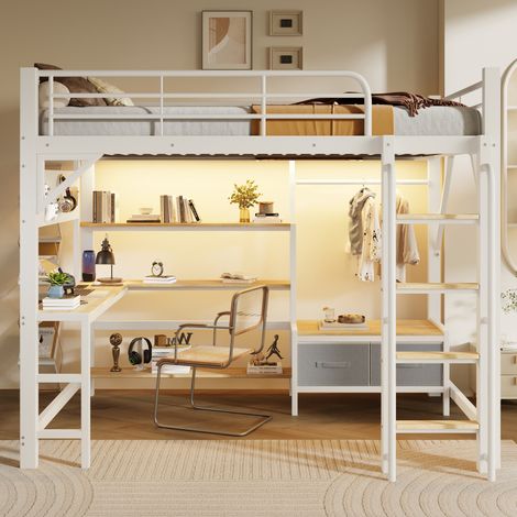Lit mezzanine 140x200 cm, bureau intégré, panneau perforé, étagères, tiroirs en tissu et penderie, LED, USB, garde-corps, métal et MDF Blanc (1/5)