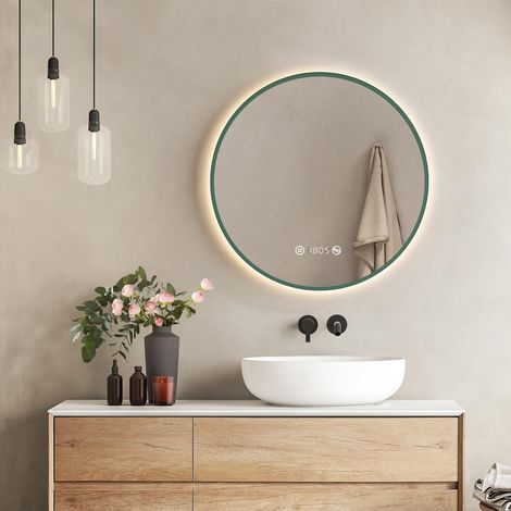 Miroir LED Rond de Salle de Bain, Ø60 cm, Vert foncé, Anti-buée, avec Affichage de l'heure et de la température, lumière Neutre, intensité réglable, Miroir de Salle de Bain avec éclairage, IP44 (1/5)