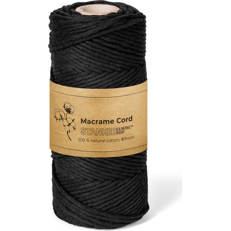 STANKE Fil macramé 3mm 100 m couleur Noir - fil de coton pour crochet, DIY boho, paniers, attrape-rêves - corde coton pour guirlandes, dessous de verre, sacs 100% cotton, torsadé, doux, grande bobine (1/5)