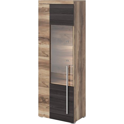 Vitrine 1 Tür links BRAZZA – Rechtsöffnung – 5 Fächer – Glasfront Satin Nussbaum