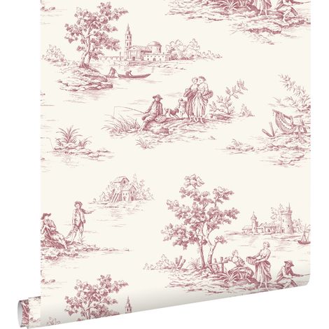 papier peint toile de jouy rouge bordeaux et blanc  - ESTAhome (1/5)