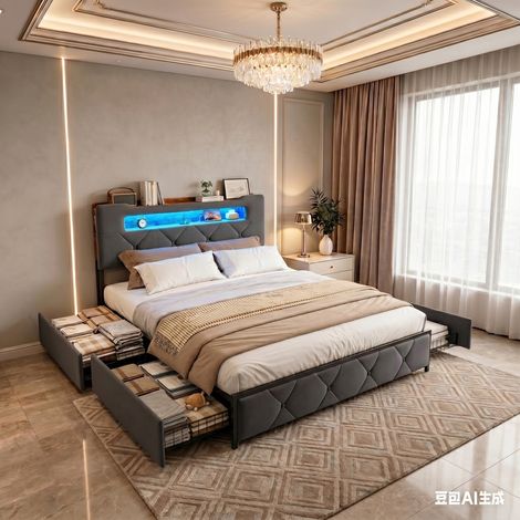 Letto matrimoniale 160x200 cm in velluto con cassetti, LED regolabile e USB, design moderno
