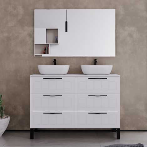 Meuble de salle de bain 120cm avec plateau et deux vasques à poser ovales - 6 tiroirs - blanc - CALA (1/5)